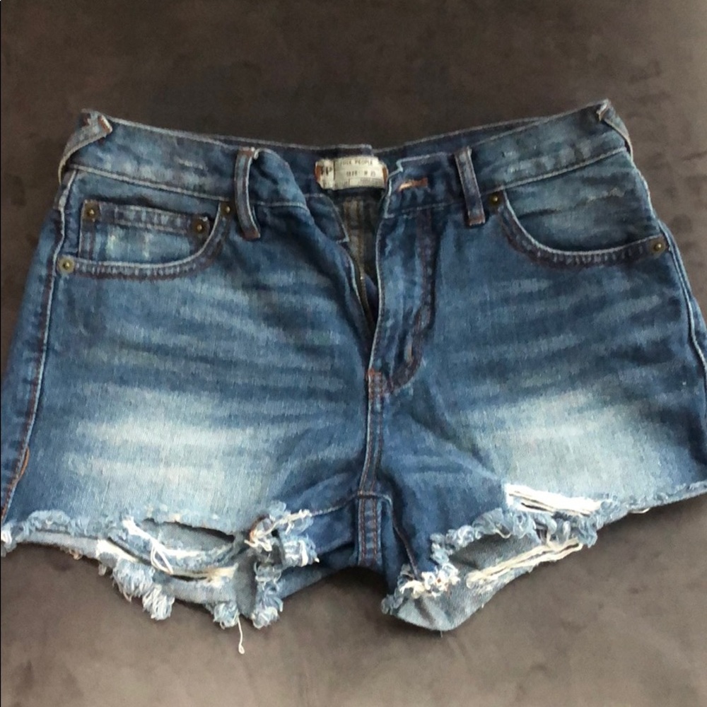 Free People Dark Wash Distressed Jean Shorts